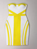 2024 Sexy Women'S Yellow Striped Patchwork White Bandage Dress Strapless Sleeveless Backless Bodycon Mini Dresses Party Vestidos