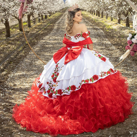 Mexican Charro Quinceanera Dresses With Flower Embroidery Off The Shoulder Corset Sweet 15 Years Ball Gown Prom Customized