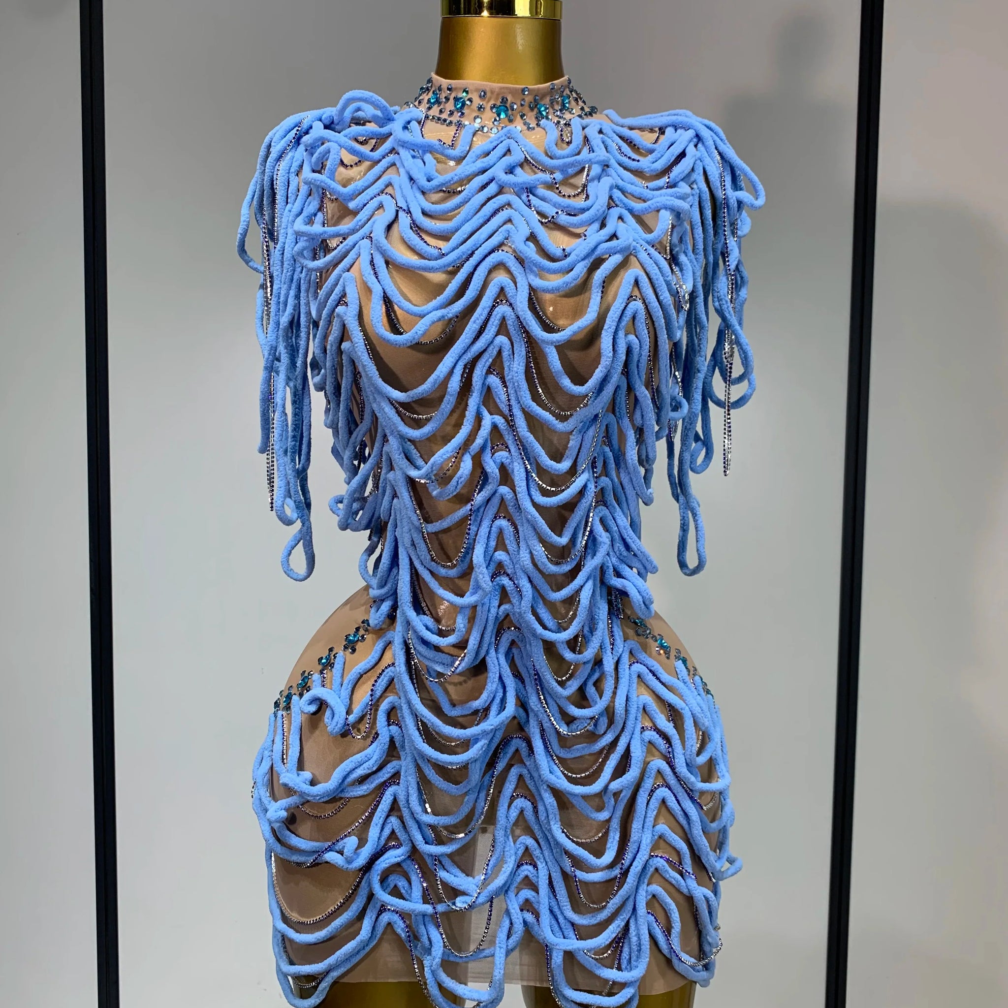 Women Sexy Mesh See Through Sparkly Rhinestones Chain Stage Costume Nightclub Celebrate Evening Party Performance Outfit Blue
