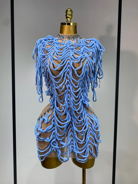 Women Sexy Mesh See Through Sparkly Rhinestones Chain Stage Costume Nightclub Celebrate Evening Party Performance Outfit Blue