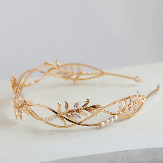 Bridal Hair Jewelry Vintage Gold Color Tiara Pearl Zircon Headband Headpiece Brides Leaf Hairband Headwear Wedding Accessories