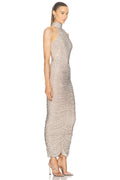 Women Celebrity Sexy Sleeveless Diamonds Backless Ruched Beige Maxi Long Gowns Dress Elegant Evening Party Club Vestido