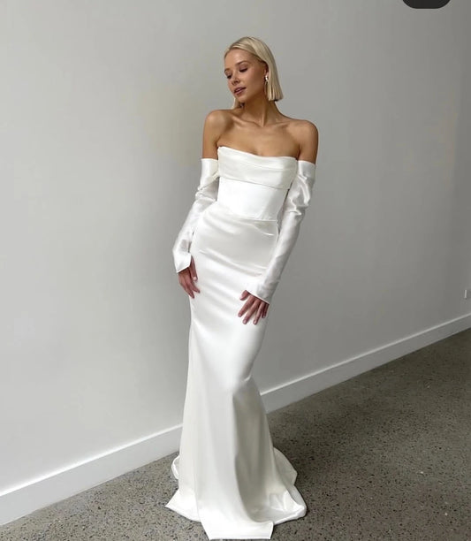 Simple Wedding Dress Sweethart Mermaid Long Sleeves Floor Length Ivory Satin Bridal Gowns Stunning Customize To Measures Robe