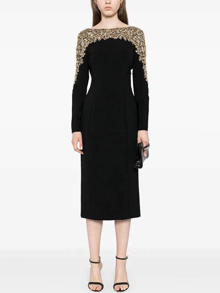 Luxury Black Red Color Women Long Sleeve Beading Handmake Slim Mid-calf Dress Elegant Evening Party Cocktail Outfit Vestido black