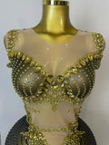 Sparkly Gold Rhinestone Transparent Sleeveless Mini Dress Evening Birthday Celebrate Party Nightclub Performance Costume