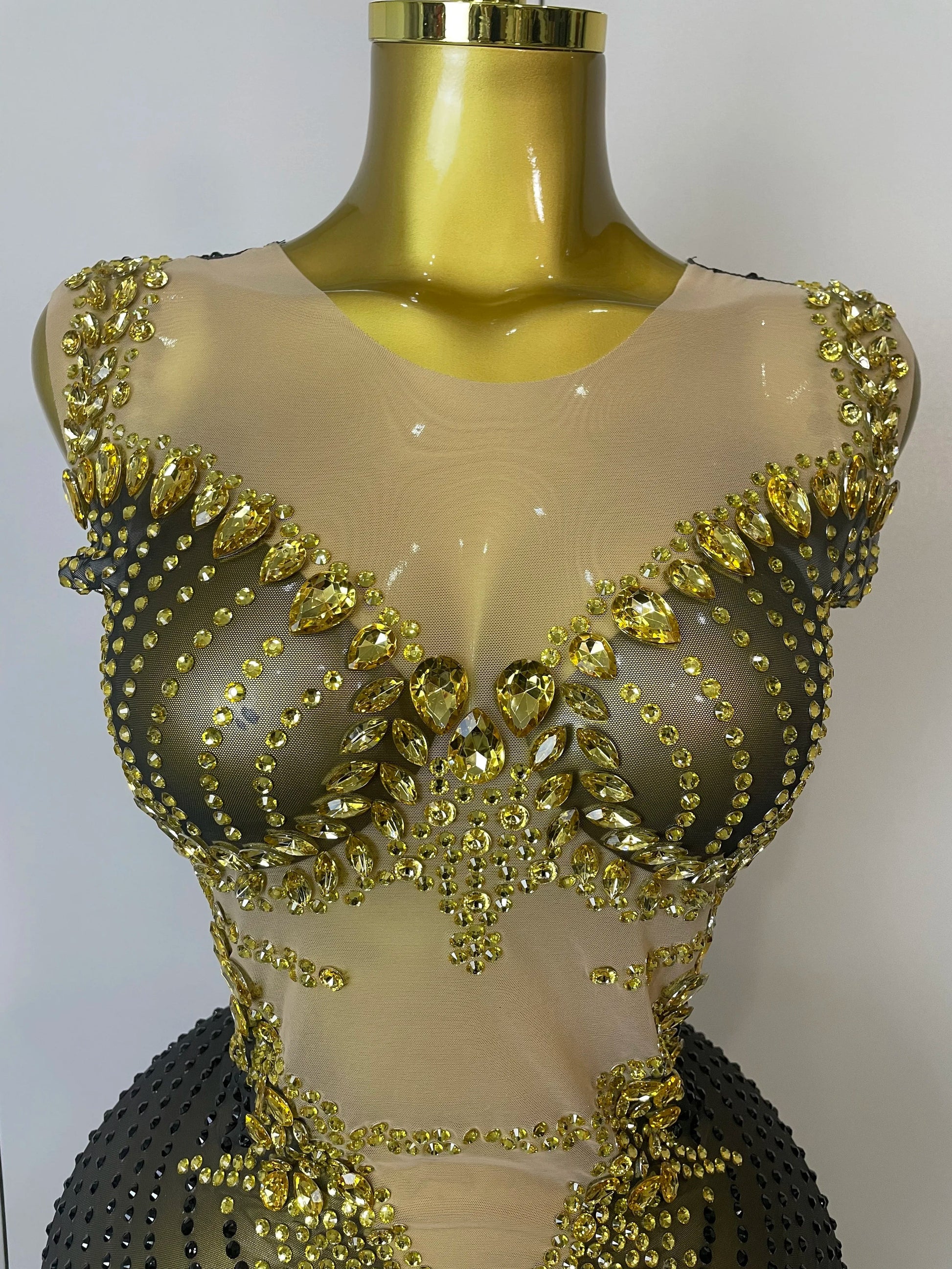 Sparkly Gold Rhinestone Transparent Sleeveless Mini Dress Evening Birthday Celebrate Party Nightclub Performance Costume