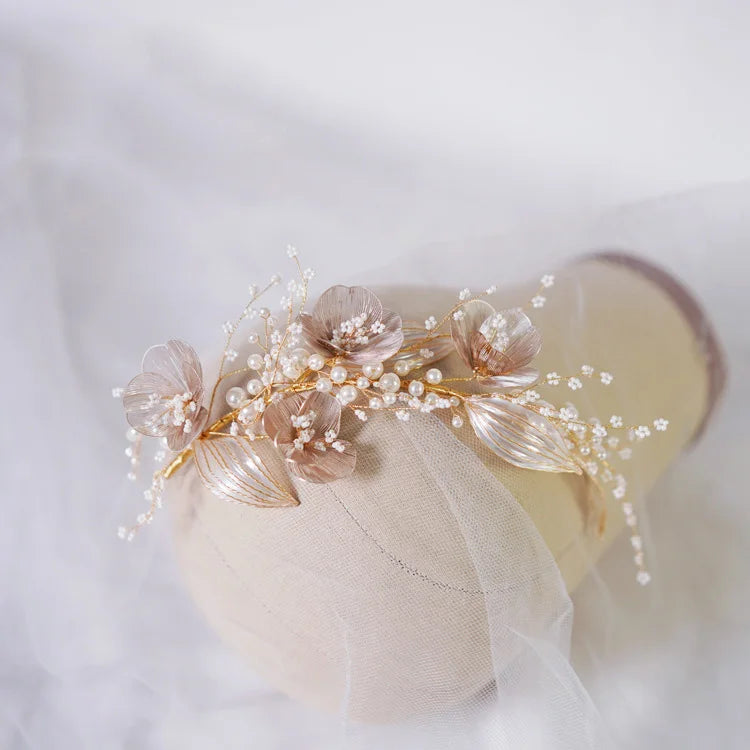 Bridal Hair Accessories Gold Color Headband Headpiece Pearl Hairband For Women Bride Flower Leaf Headdress Crown Wedding Jewelry a