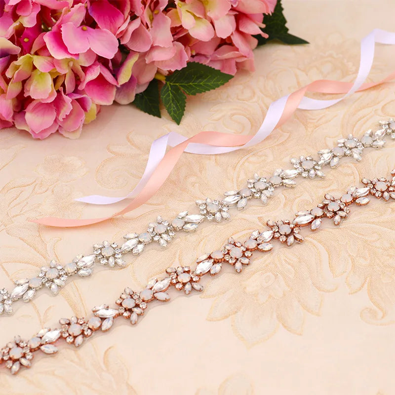 Opal Crystal Wedding Belts Sash Rose Gold Silver Color Bridal White Ivory Champagne Ribbon Party Dress Jewelry Bride Accessories