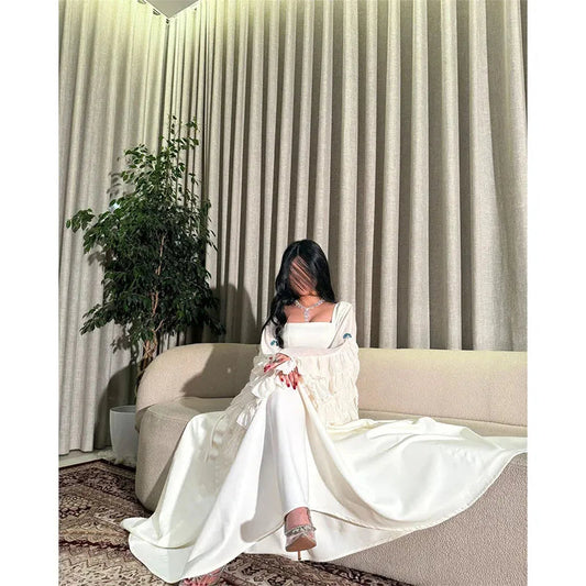 Elegant Arabia A-Line White Prom Dress Chiffon Long Cape Sleeves Ruffles Floor Length Evening Dress vestido de gala