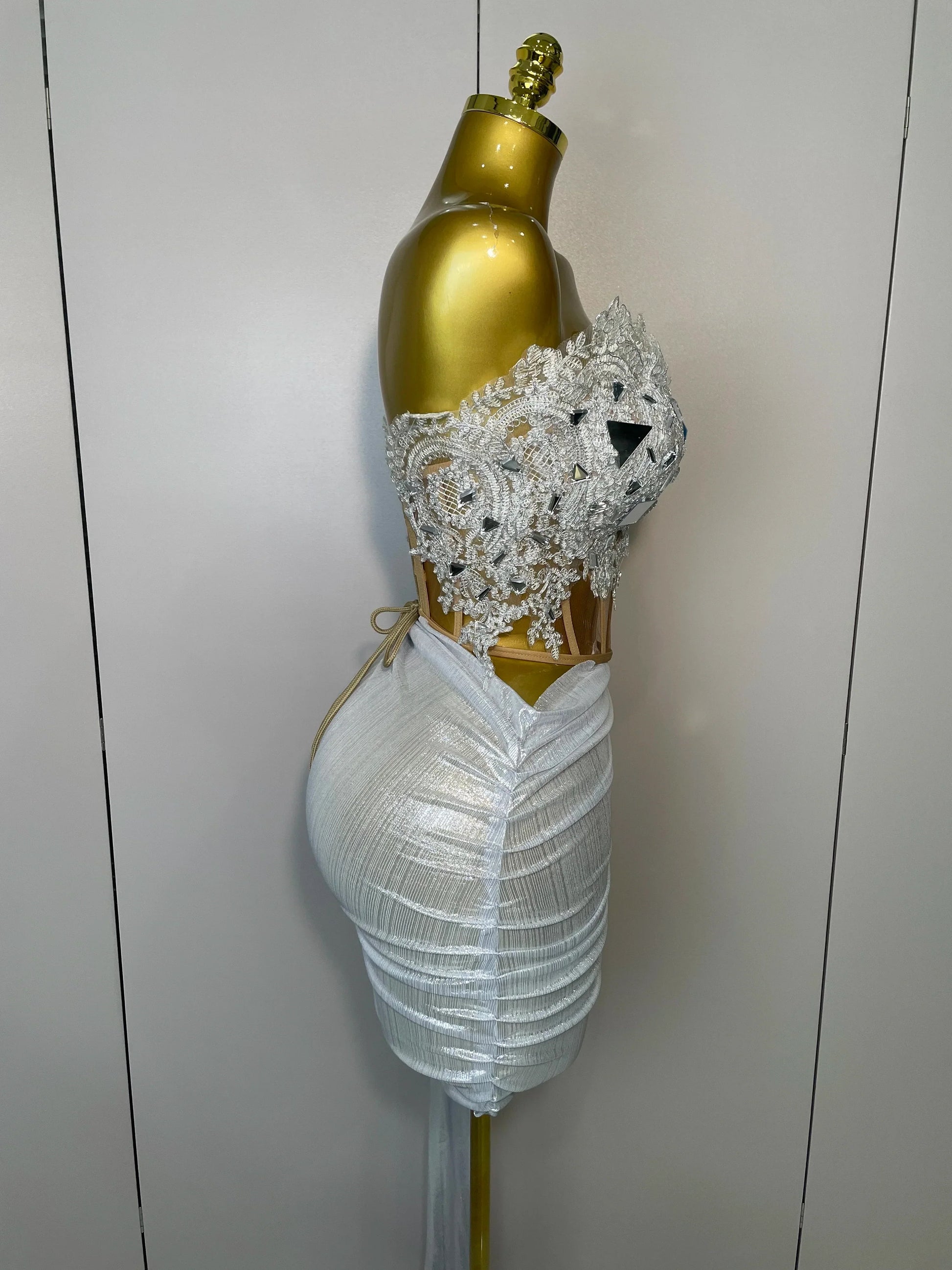 Sparkly Silver Sequins Sexy Strapless Short Dress 2Pcs Set Newest Women Party Birthday Nightclub Singer Dancer Stage Wear