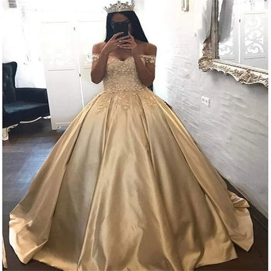 Beautiful Gold Quinceanera Dress With 3D Flowers Off Shoulders Satin Lace Up Fifteen A Line Satin Vestido De Xv Party Customized Champagne