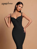 Sexy Women Three-Dimensional Rhinestone Design Bandage Dress Spaghetti Strap Sleeveless Bodycon Backless Midi Dress Vestido