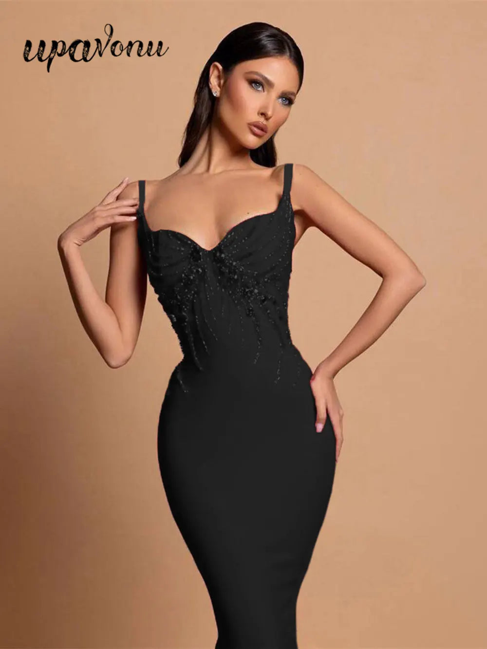 Sexy Women Three-Dimensional Rhinestone Design Bandage Dress Spaghetti Strap Sleeveless Bodycon Backless Midi Dress Vestido