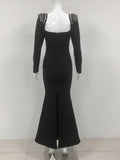 Elegant Light Luxury Nail Diamond Tail Dress Women Long Sleeve Bodycon Bandage Dress Celebrity Evening Party Long Dress Vestidos