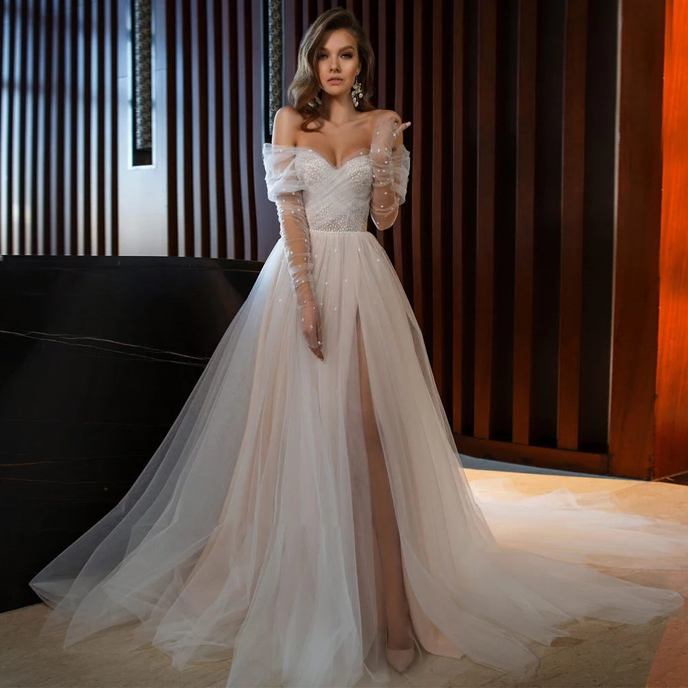 Soft Tulle Boho Wedding Dress Long Sleeves Sweetheart Pearls Bride Gowns Beach Front Split Formal Party Evening Gowns