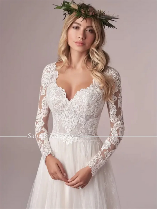 Exquisito vestido de novia de encaje color marfil Elegante vestido de novia con escote en pico y mangas largas para una boda perfecta