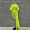 Mesh Ruffles Sexy See Through Bodycon Mini Dress Gloves Celebrate Nightclub Party Birthday Fashion Photo Shoot Wear Fluorescein