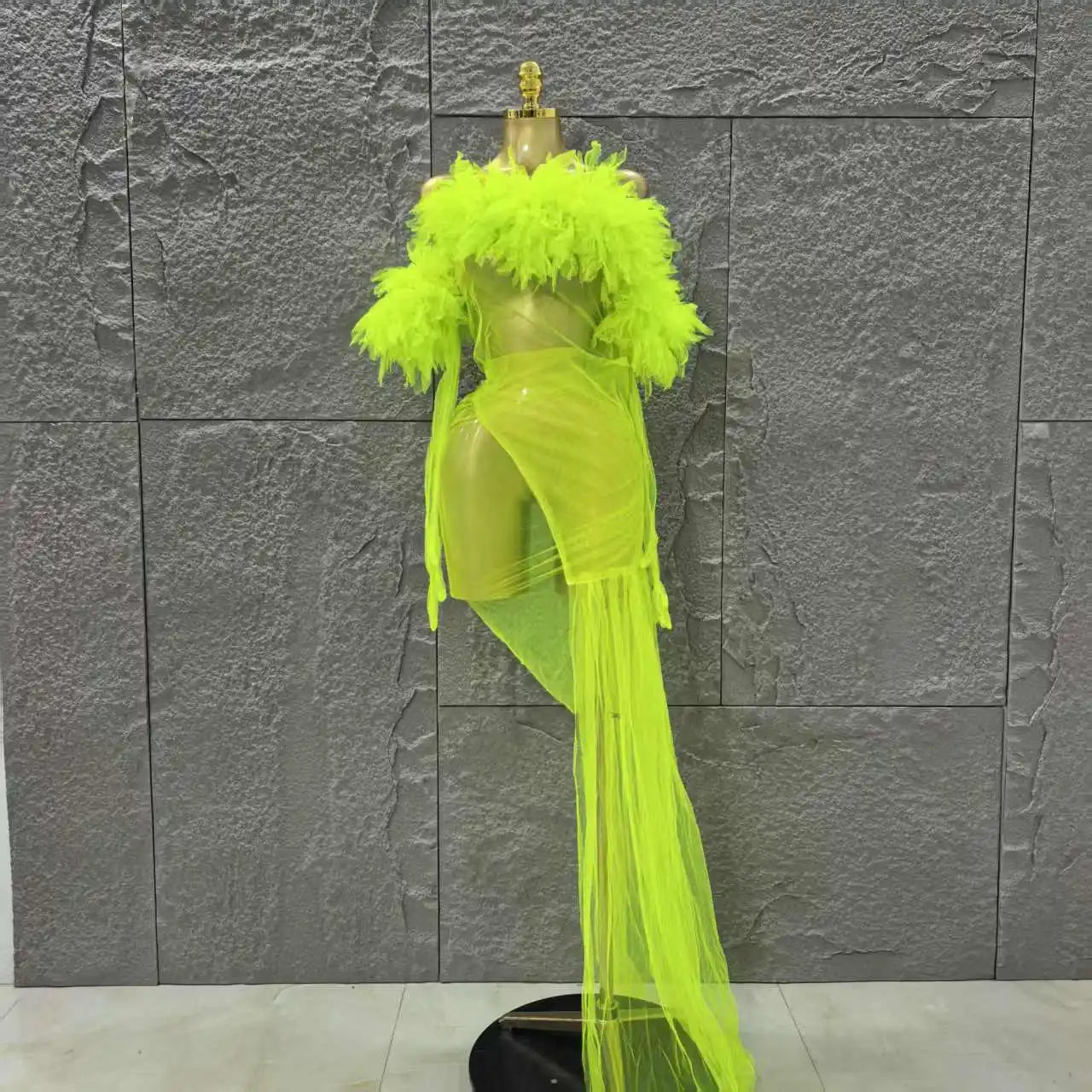 Mesh Ruffles Sexy See Through Bodycon Mini Dress Gloves Celebrate Nightclub Party Birthday Fashion Photo Shoot Wear Fluorescein