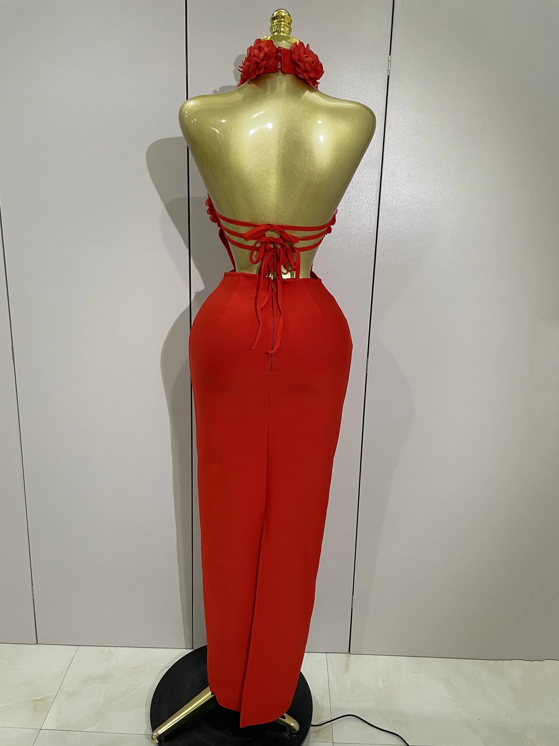 Women Celebrity Sexy Halter Backless Flower Long Bandage Bodycon Dress Luxury Birthday Dress Elegant Evening Party Outfit