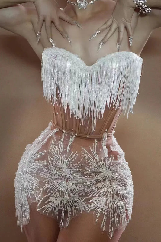 STOCK Women Sexy Off the Shoulder Shinning Sequins Tassels Bodycon Mini Dress 2 Pieces Celebrate Nightclub Performance Costume