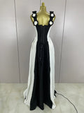 Sexy Black White Flower Stripe High fork Sleeveless Bandage Long Dress Women Vacation Party Elegangt Party Club Dresses