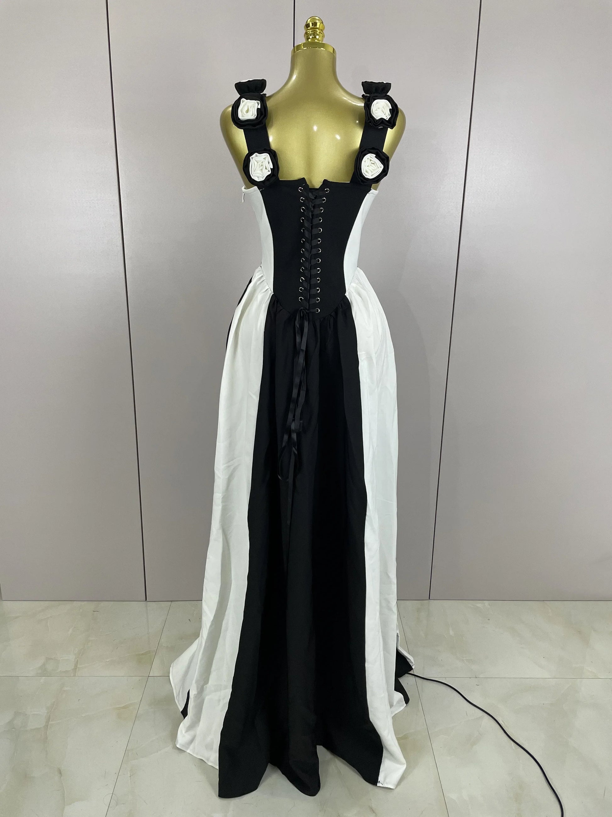 Sexy Black White Flower Stripe High fork Sleeveless Bandage Long Dress Women Vacation Party Elegangt Party Club Dresses