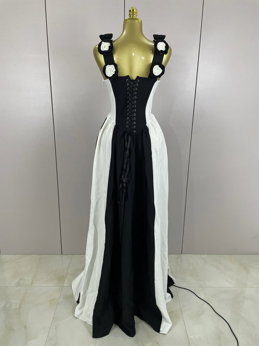 Sexy Black White Flower Stripe High fork Sleeveless Bandage Long Dress Women Vacation Party Elegangt Party Club Dresses