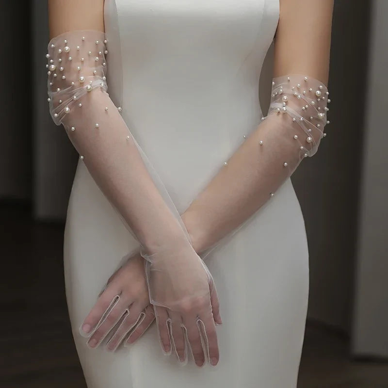 Long Bridal Gloves Pearl Wristband Wedding Glove For Women Girl Party Evening Dress Jewelry Bride Accessories a