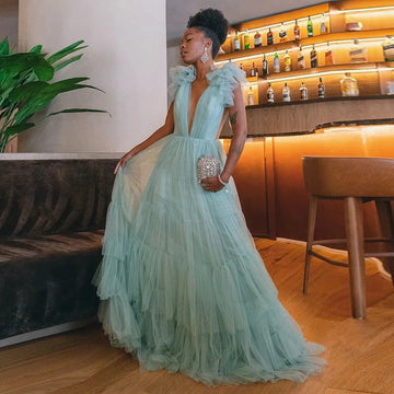 A-Line Layered Tulle Floor-Length Prom Dress with V-Neck and Cap Sleeves for Formal Evening and Wedding Parties As Picture