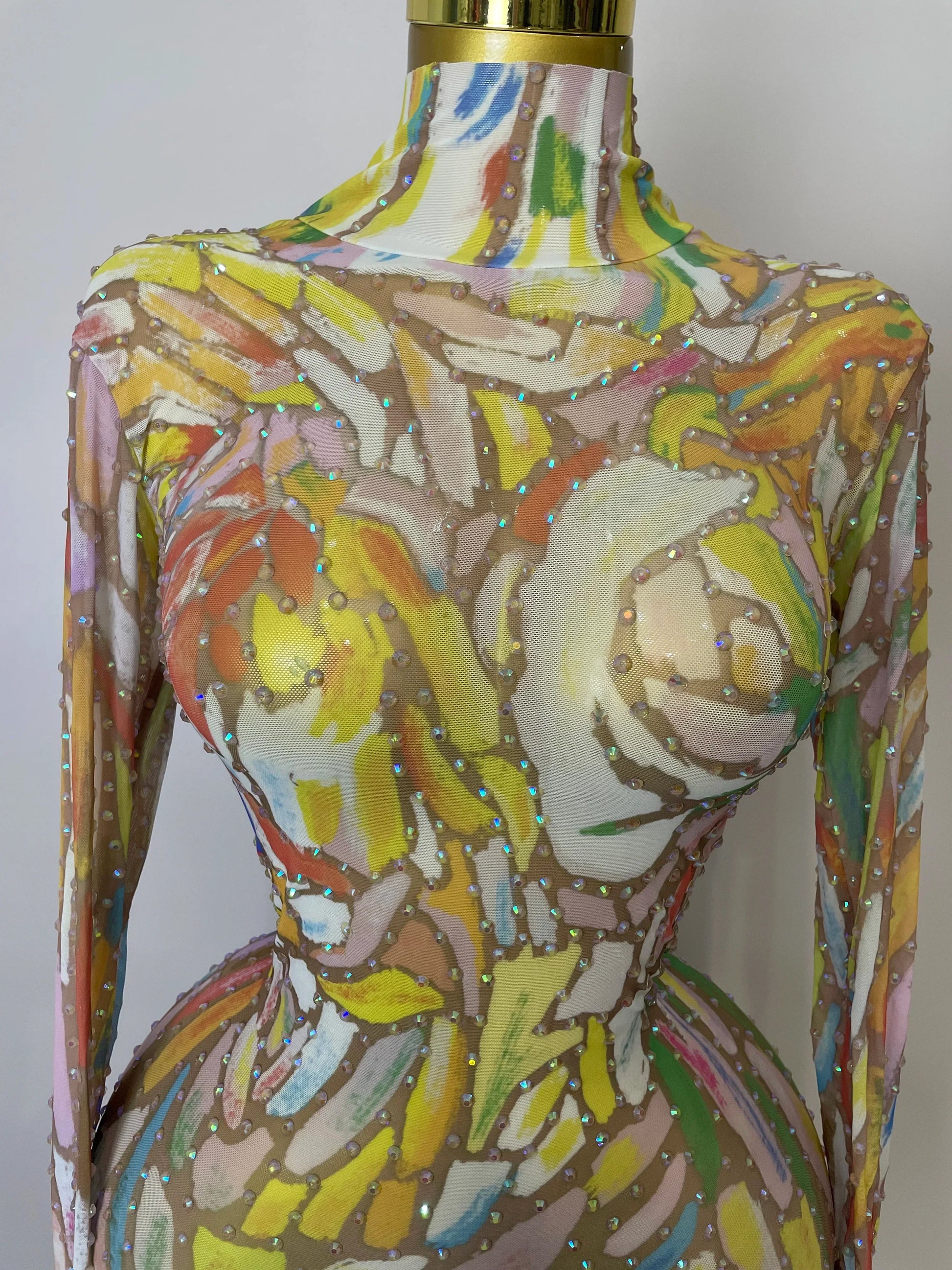 Sparkle Rhinestone High Neck Colorful Printed Long Dress Women Sexy Evening Birthday Celebrate Stage Performance Costume