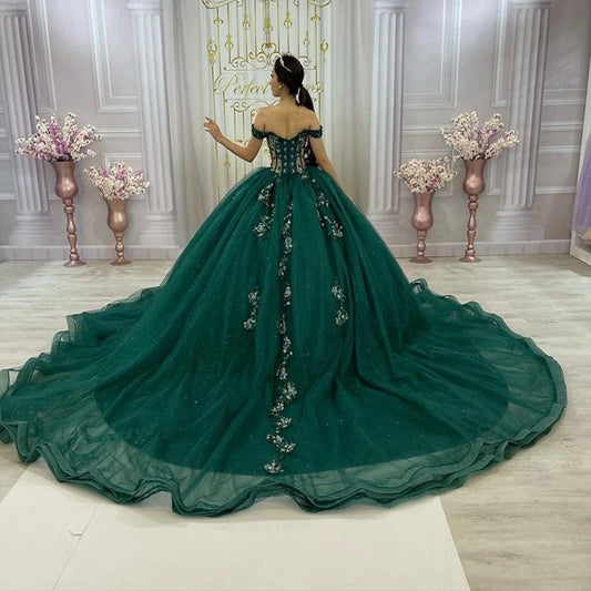 Luxury Green Quinceanera Dresses Glittering Vestidos De 15 Años Floral Beading Lace Formal Party Prom Ball Gown