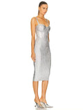 Foil Silver Color Women Sleeveless Sexy Strap Square Collar Bodycon Midi Bandage Dress Celebrate Nightclub Party Dress Vestido
