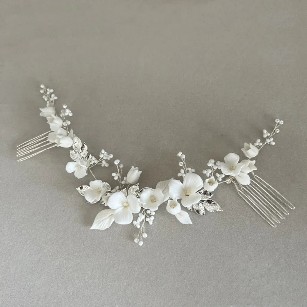 Gold Silver Color Headpiece Headband Hair Comb Pin Clip For Brides Porcelain Flower Hairpin Wedding Accessories Bridal Jewelry silver color a