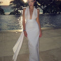 Long Ribbon Sexy V-Neck Sleeveless Halter White Mini Ankle length Woman Birthday Party Dress Celebrity Evening Party Outfit