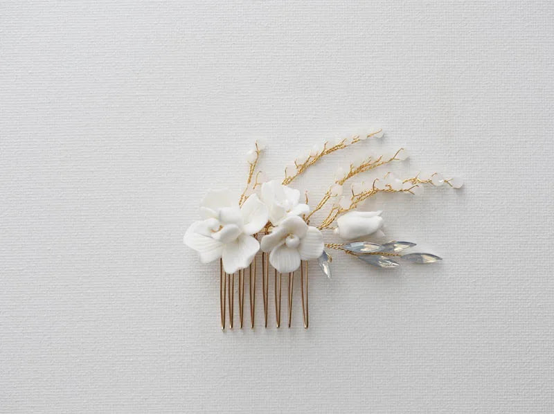 Wedding Accessories Porcelain Flower Head Pieces Opal Hair Comb Pin Clip For Brides Women Gold Color Hairpins Bridal Jewelry b