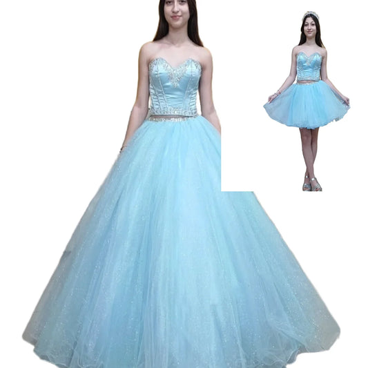 Sparkly Blue Quinceanera Dresses With Beaded Two Pieces Tulle Fifteen Birthday Dress Elegant Tulle Vestido De 15 Años Customized Blue