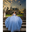 Customized Shinny Blue Quinceanera Dress 2025 Off Shoulders Vestidos De 15 Quinceañera Sweep Train Big Bow Corset Birthday Party Blue