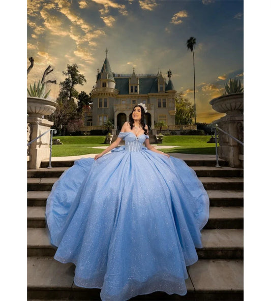 Customized Shinny Blue Quinceanera Dress 2025 Off Shoulders Vestidos De 15 Quinceañera Sweep Train Big Bow Corset Birthday Party Blue