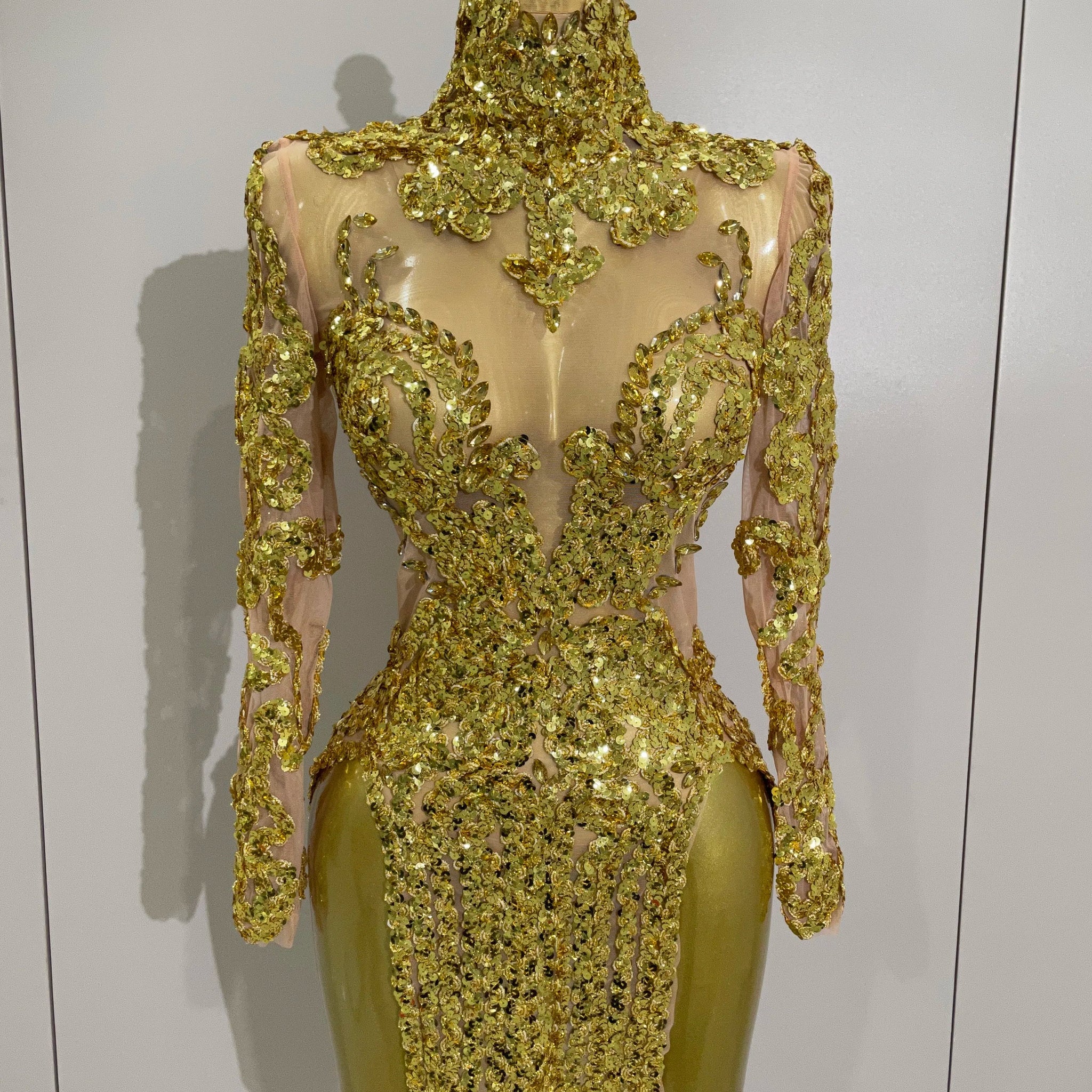 Luxury Sparkly Sequins Stretch Long Sleeve Mesh Mini Dress Women Birthday Party Nightclub Dancer Stage Performance Costume Gold
