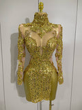 Luxury Sparkly Sequins Stretch Long Sleeve Mesh Mini Dress Women Birthday Party Nightclub Dancer Stage Performance Costume Gold