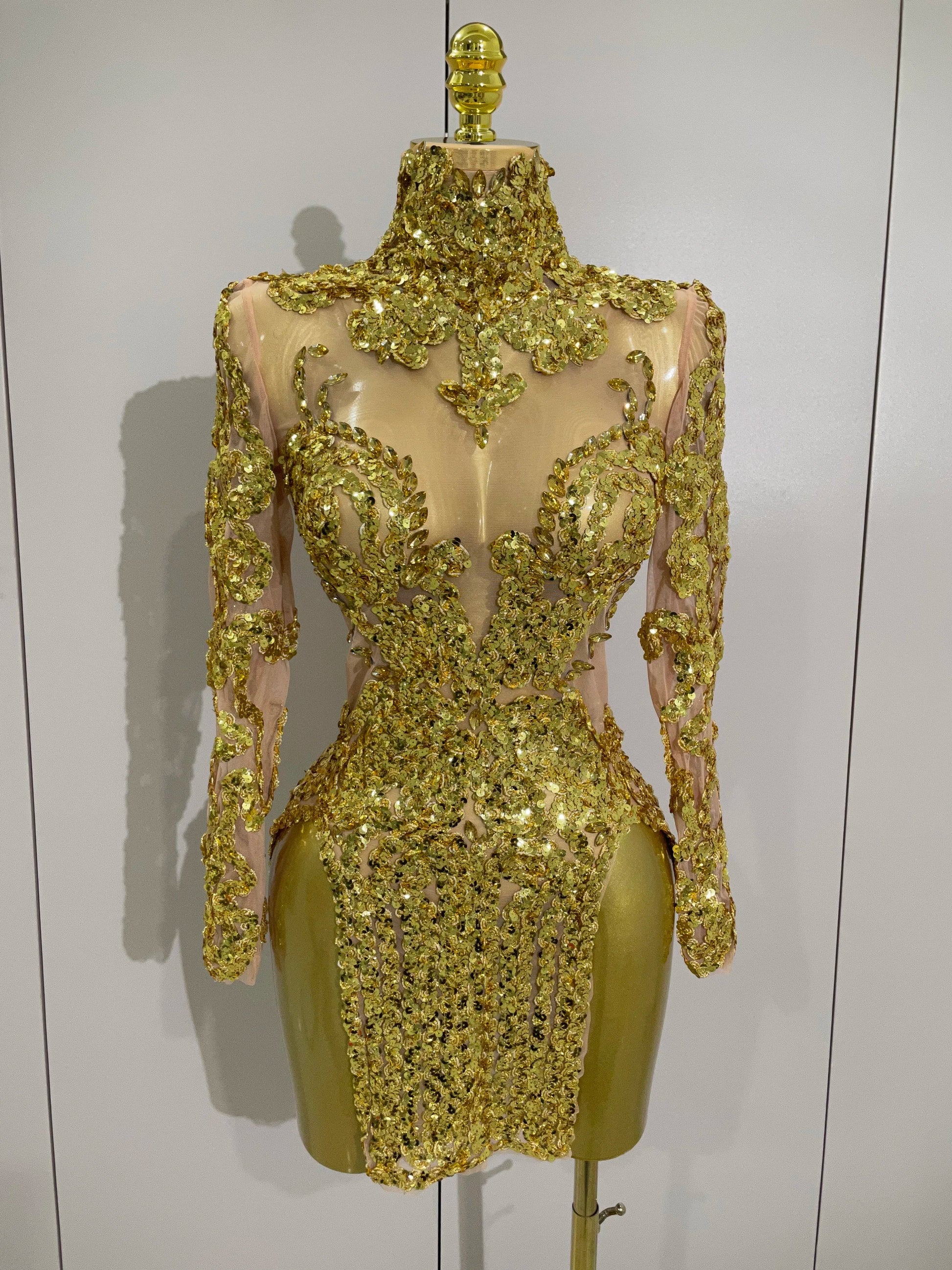 Luxury Sparkly Sequins Stretch Long Sleeve Mesh Mini Dress Women Birthday Party Nightclub Dancer Stage Performance Costume Gold