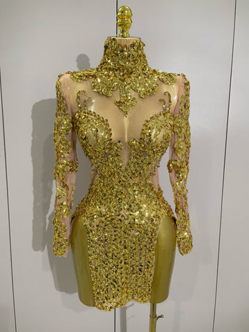 Luxury Sparkly Sequins Stretch Long Sleeve Mesh Mini Dress Women Birthday Party Nightclub Dancer Stage Performance Costume Gold