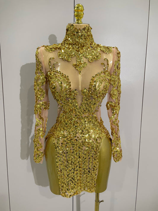 Luxury Sparkly Sequins Stretch Long Sleeve Mesh Mini Dress Women Birthday Party Nightclub Dancer Stage Performance Costume Gold