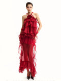 Women Gauze Perspective Irregular Elegant Long Party Dress Ruffles Sleeveless Fashion Tide Summer 2025