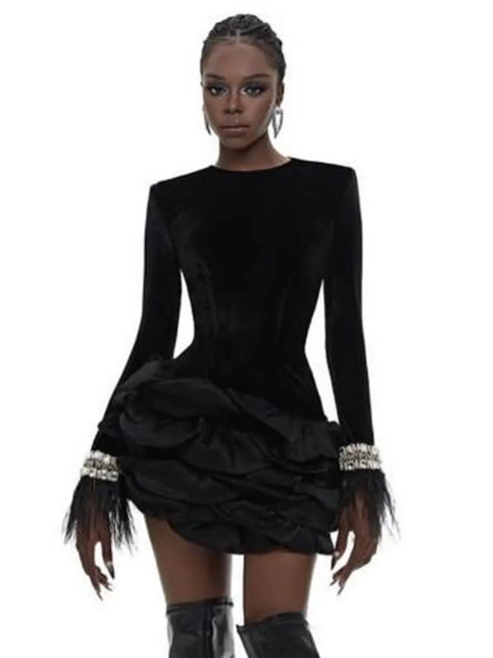 2024 Elegant Women's Patchwork Draped Bandage Dress O-neck Long Sleeve Beaded Feather Design Bodycon Asymmetric Mini Dresses