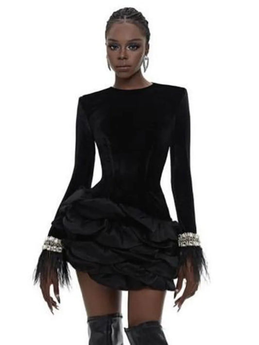 2024 Elegant Women's Patchwork Draped Bandage Dress O-neck Long Sleeve Beaded Feather Design Bodycon Asymmetric Mini Dresses