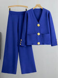 Casual Women's Knitted Pants Set V-neck Long sleeved Single breasted Knitted Sweater Cardigan+Flare Pants Two piece Set Blue