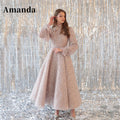 Modest Shiny Sequins Glitter Fabric Prom Dress Long Puffy Sleeves A-Line vestidos de fiesta Elegant فستان حفلات الزفاف as pic 2