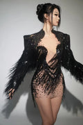 Sparkly Rhinestone Sequin Tassel Coat And Skirt 2Pcs Women Birthday Party Nightclub Dj Stage Performance Costume