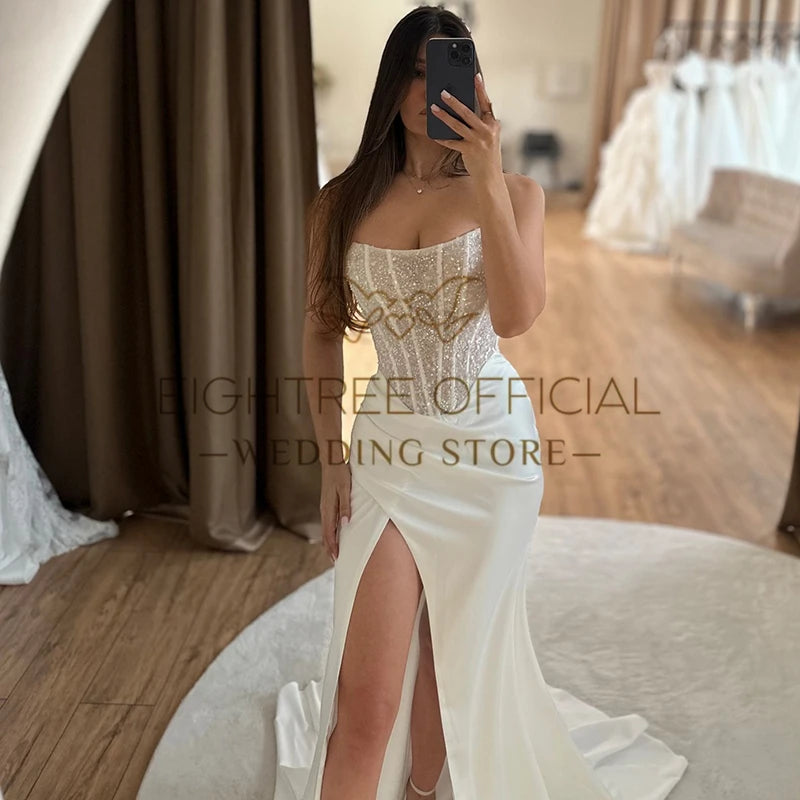 White Mermaid Wedding Dresses Strapless Sequines Side Slit Bridal Dress Formal Evening Wedding Prom Gowns Customized